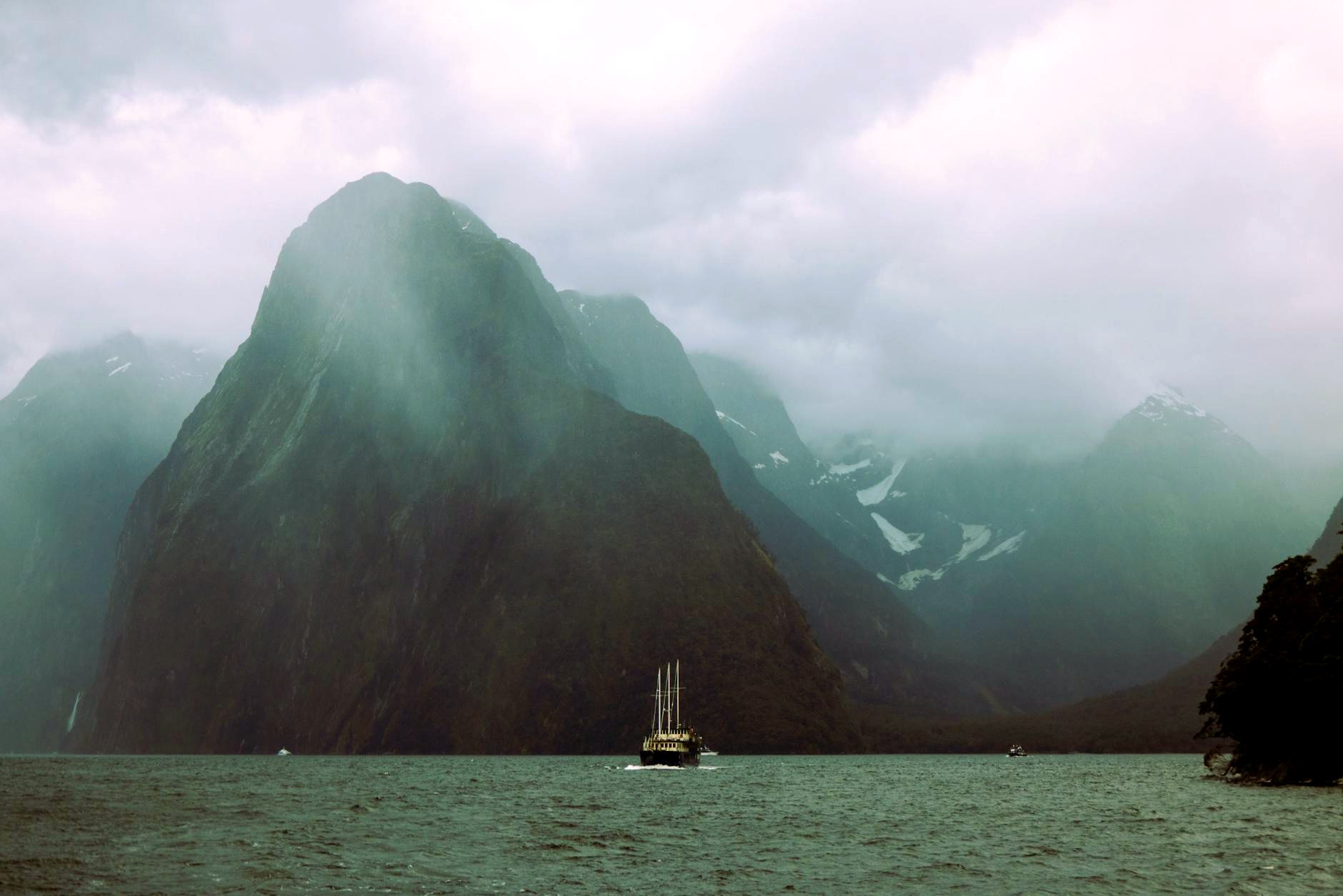 Milford Sound, New Zealand ,  mountains rising from fjord water