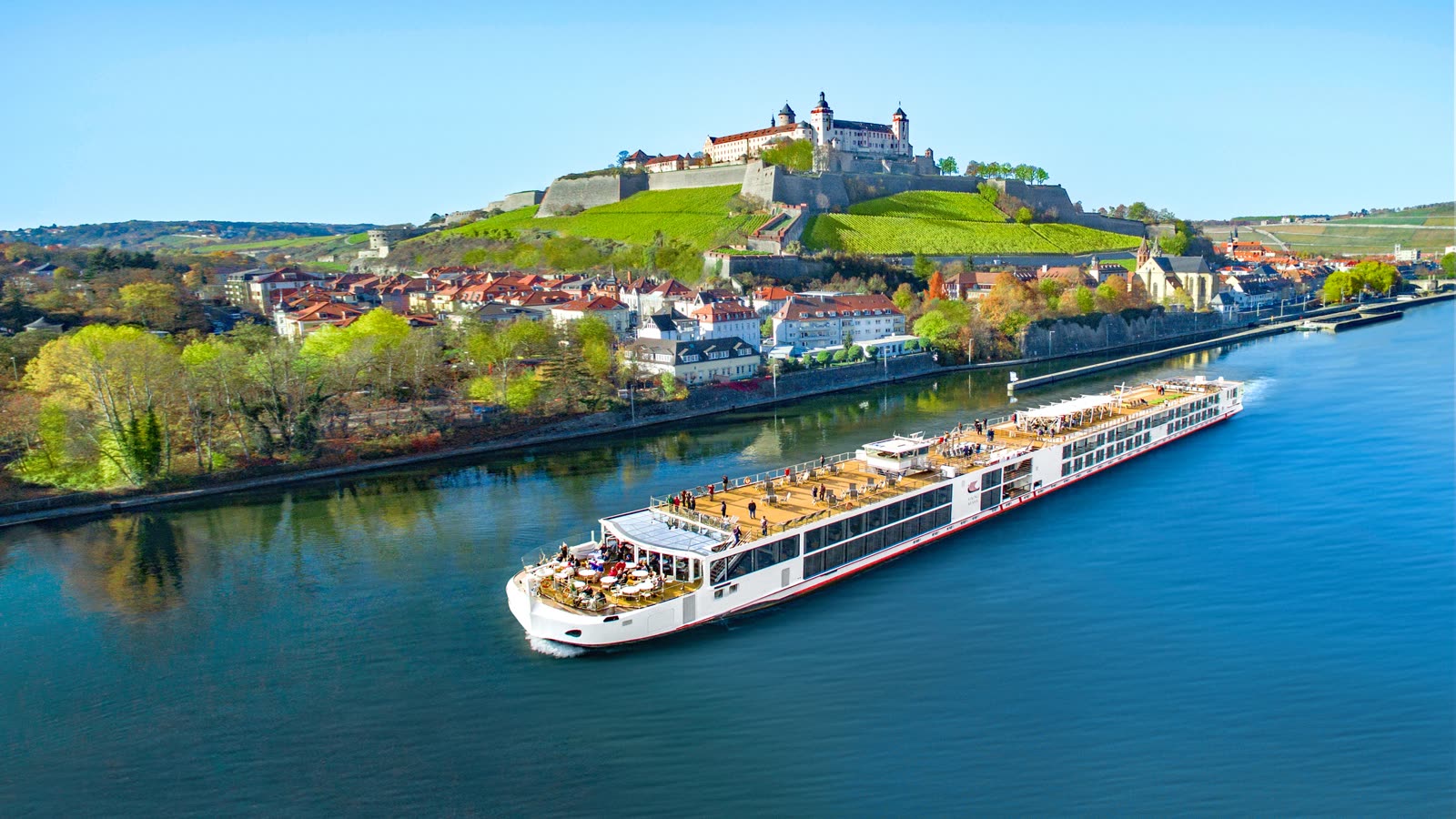 Viking Var longship on a European river  -  flagship river fleet